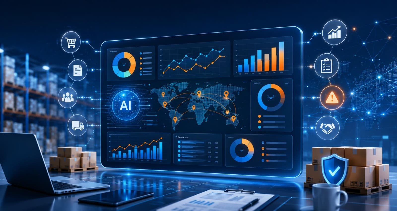 Panel de datos con indicadores, mapa global y tecnologías emergentes